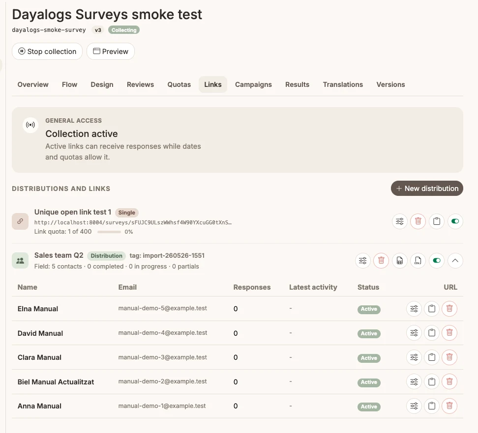 LinkSets and links view with a personalised link per contact