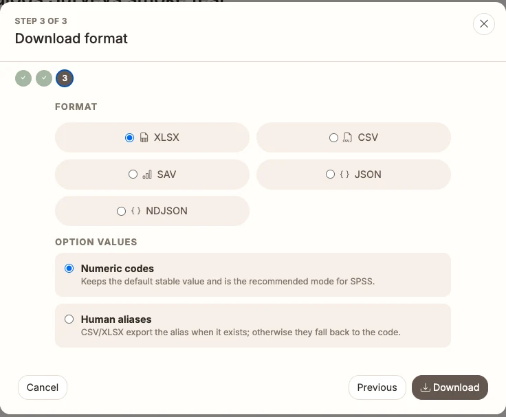 Export dialog offering CSV, XLSX, SPSS SAV, JSON and NDJSON formats